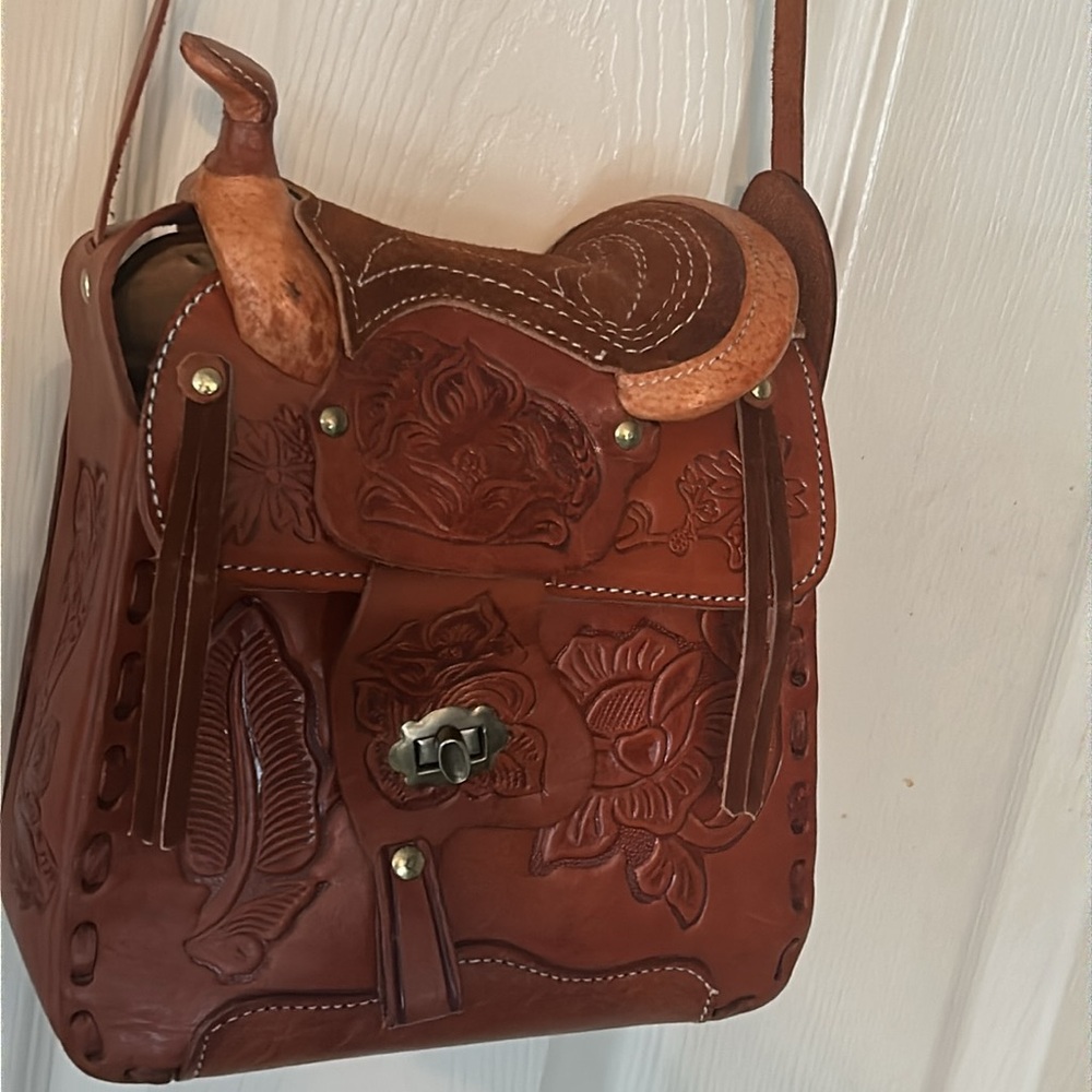 Vintage Leather Hand Tooled Saddle Crossbody Shoulder Bag